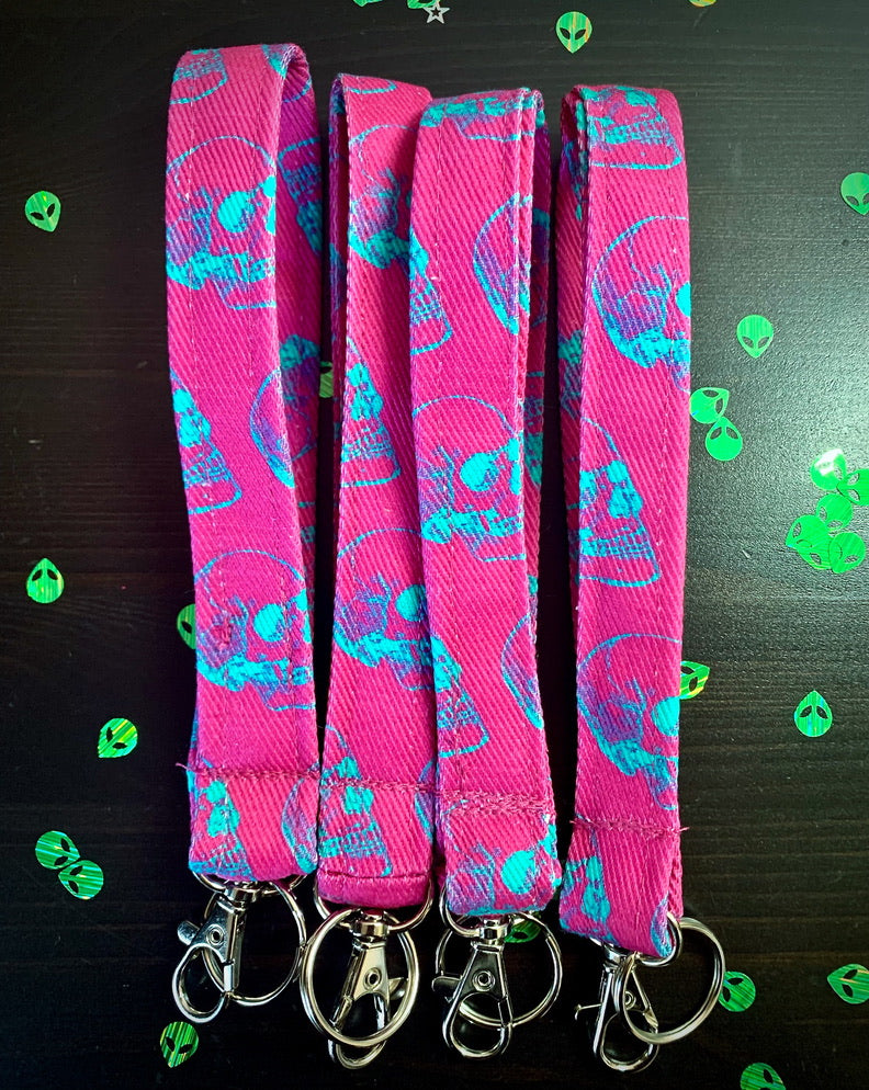 Denim Lanyards | Aqua Skulls on Magenta | Wristlet Keychain | Badge holder