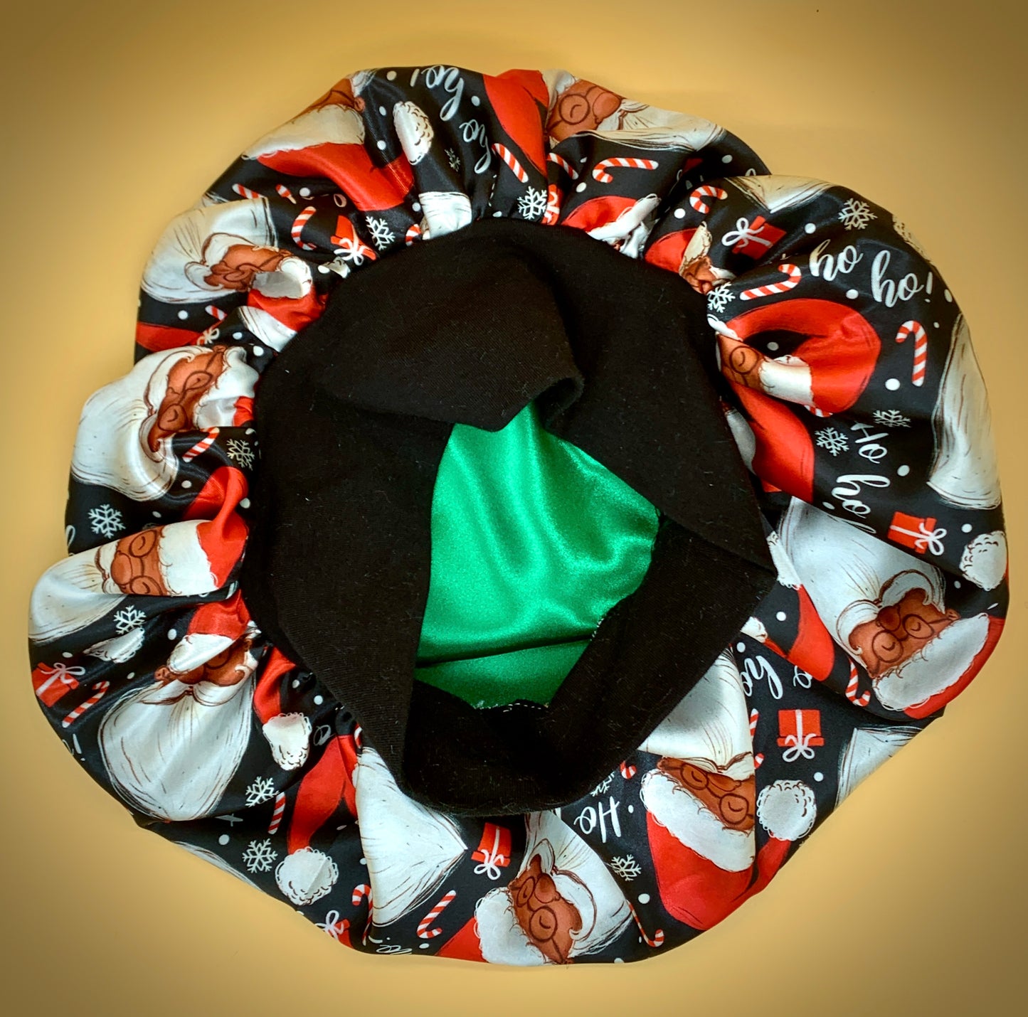 Satin Bonnet | Black Santa with Green Satin Lining | Christmas Sleeping Bonnet