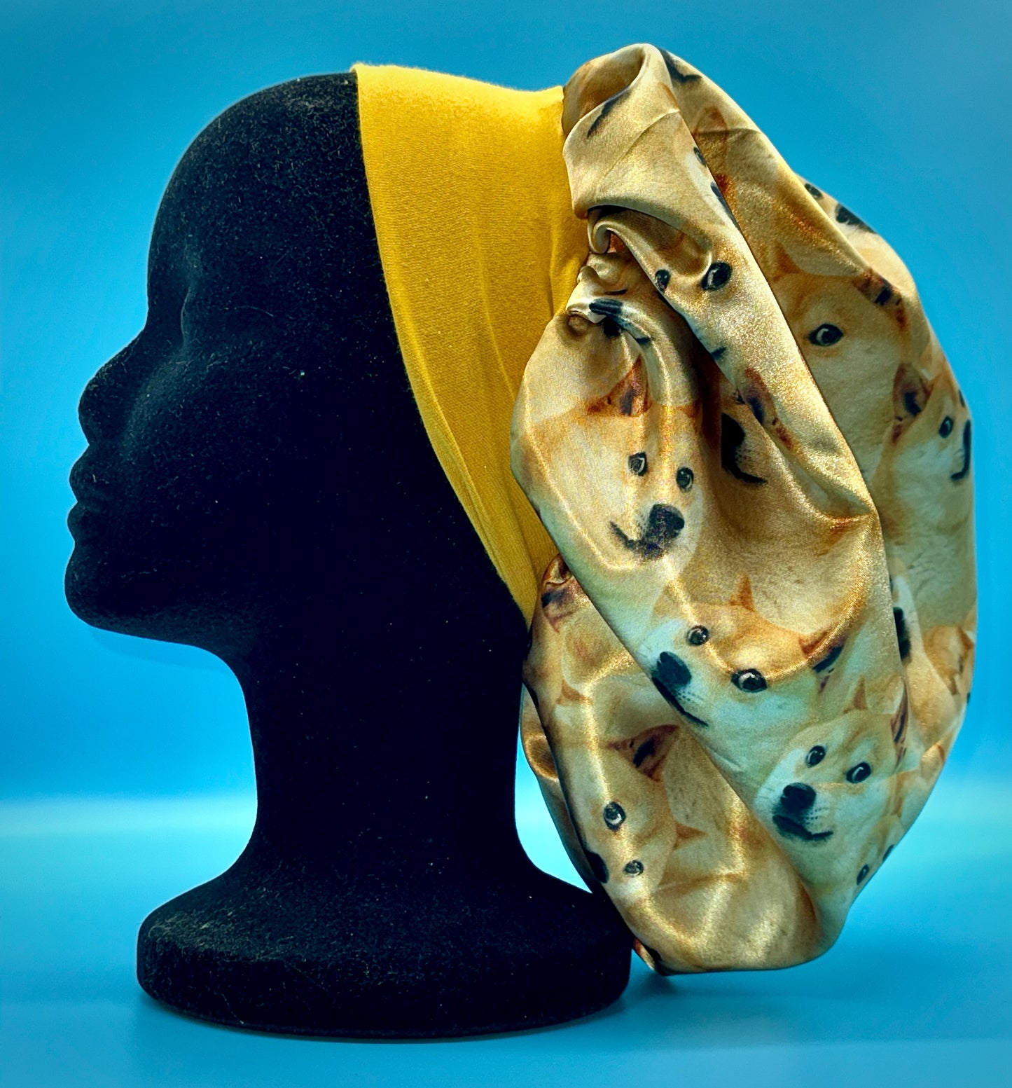 Satin Bonnet | Doge Meme Shibe Print with Yellow Headband and Green Lining