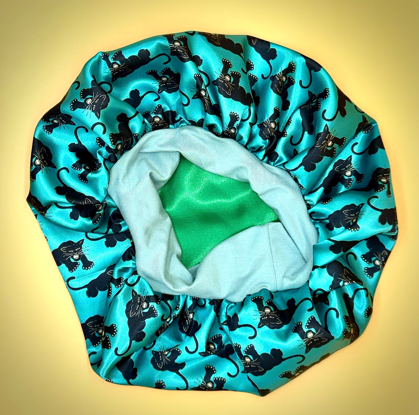 Satin Bonnet | Panthers on Aqua with Green Lining