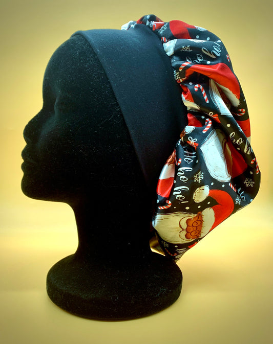 Satin Bonnet | Black Santa with Green Satin Lining | Christmas Sleeping Bonnet