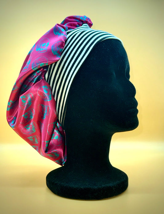 Satin Bonnet | Aqua Vaporwave Skulls on Magenta