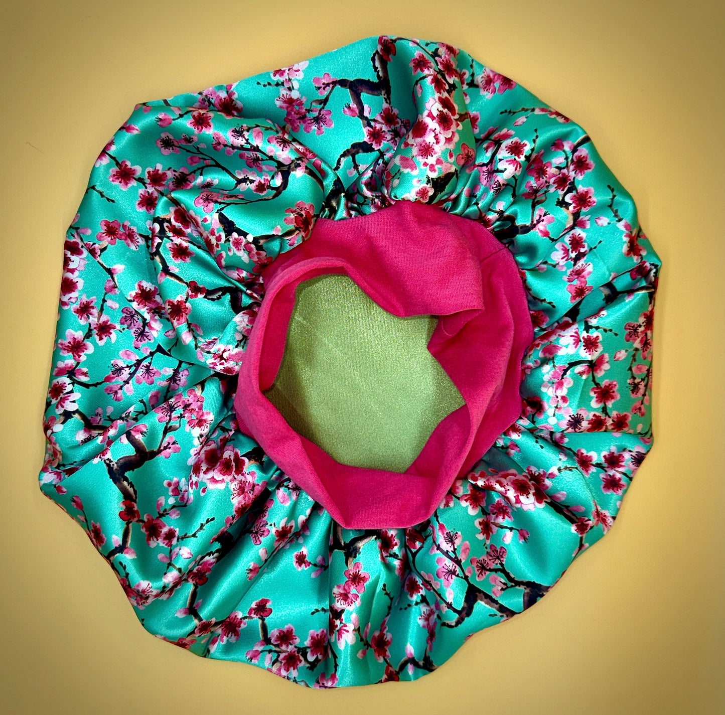Satin Bonnet | Pink Sakura on Aqua with Pink Headband | Arizona Bonnet