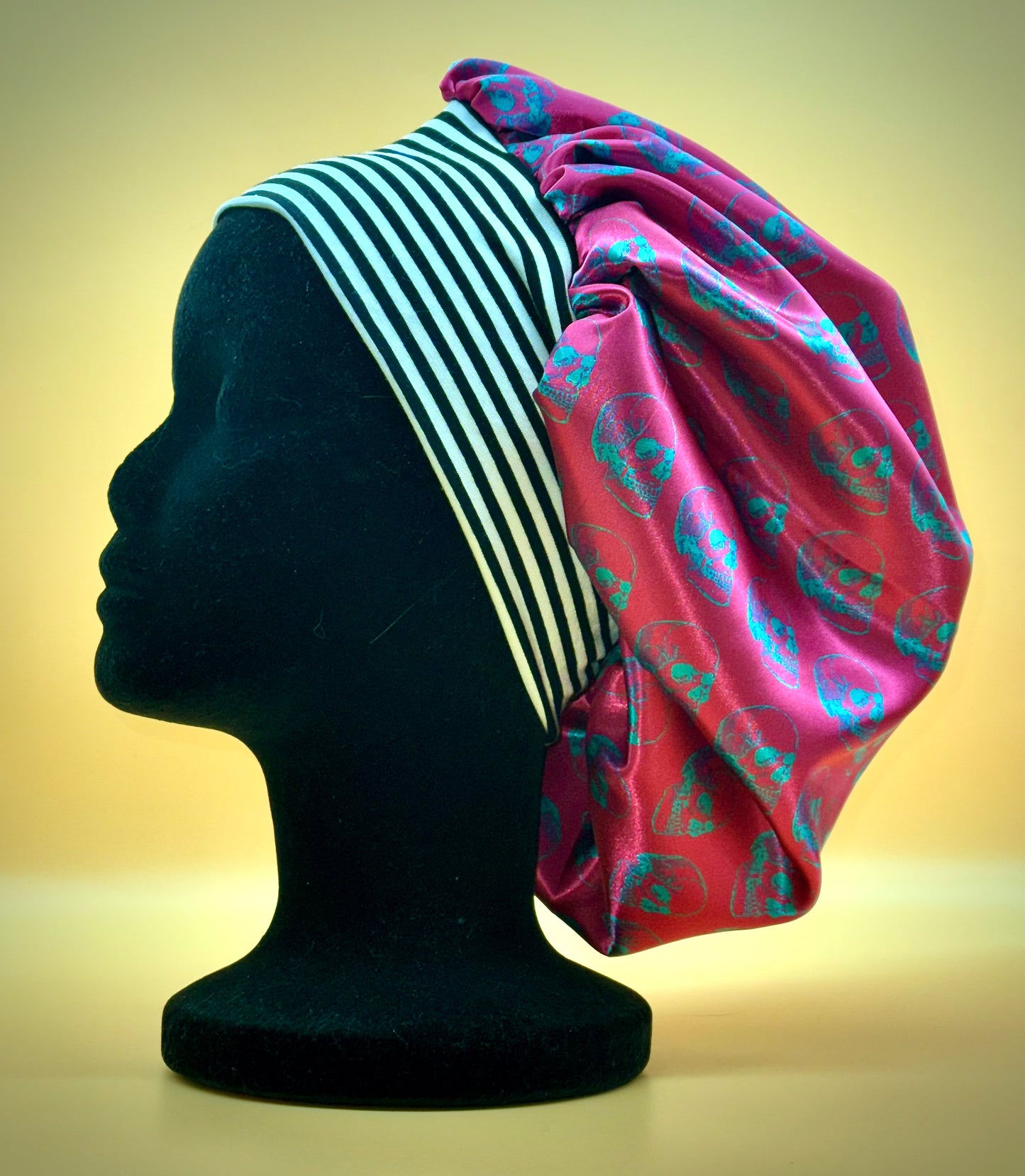 Satin Bonnet | Aqua Vaporwave Skulls on Magenta