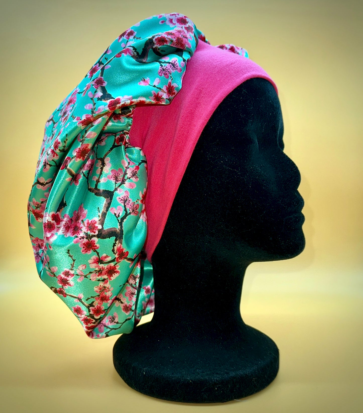 Satin Bonnet | Pink Sakura on Aqua with Pink Headband | Arizona Bonnet