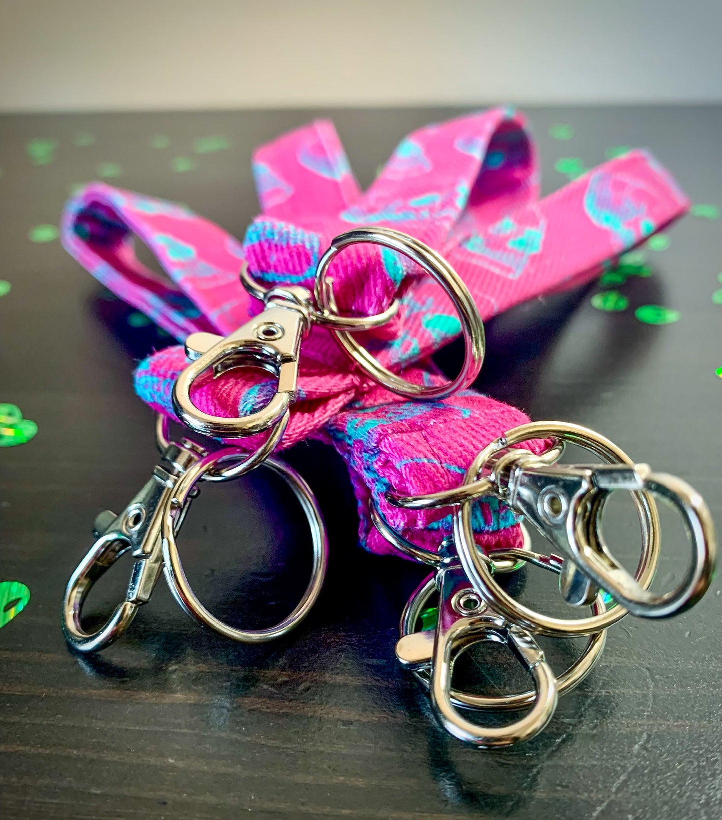 Denim Lanyards | Aqua Skulls on Magenta | Wristlet Keychain | Badge holder