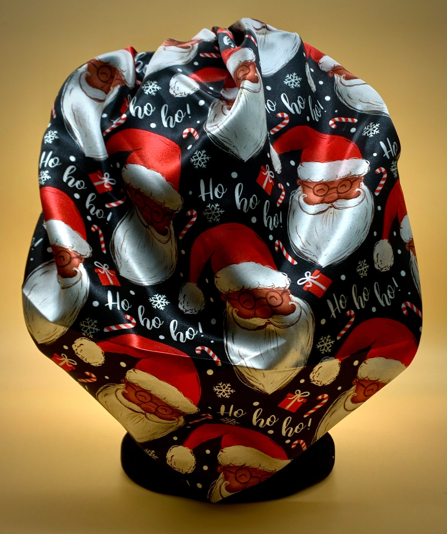 Satin Bonnet | Black Santa with Green Satin Lining | Christmas Sleeping Bonnet