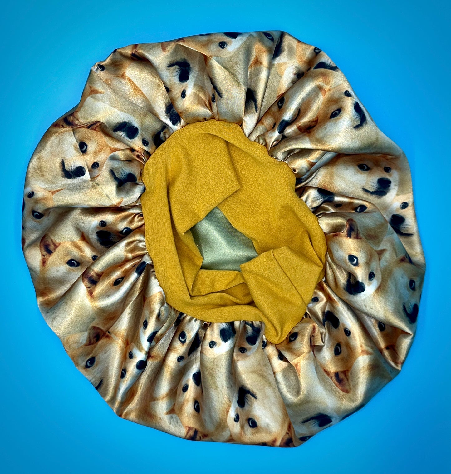 Satin Bonnet | Doge Meme Shibe Print with Yellow Headband and Green Lining