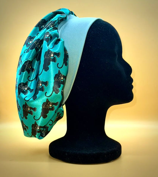 Satin Bonnet | Panthers on Aqua with Green Lining