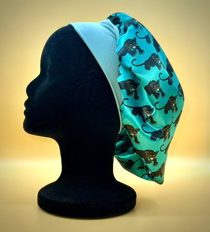 Satin Bonnet | Panthers on Aqua with Green Lining