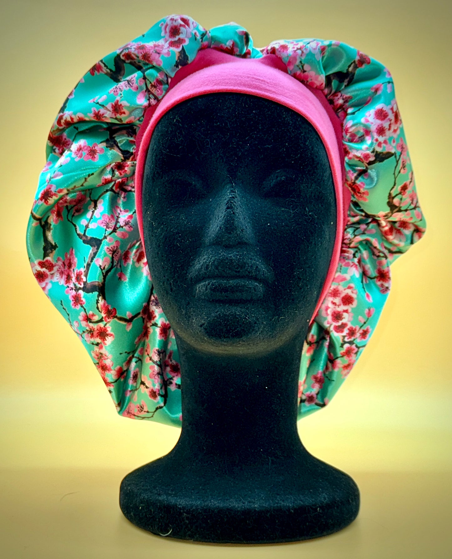 Satin Bonnet | Pink Sakura on Aqua with Pink Headband | Arizona Bonnet