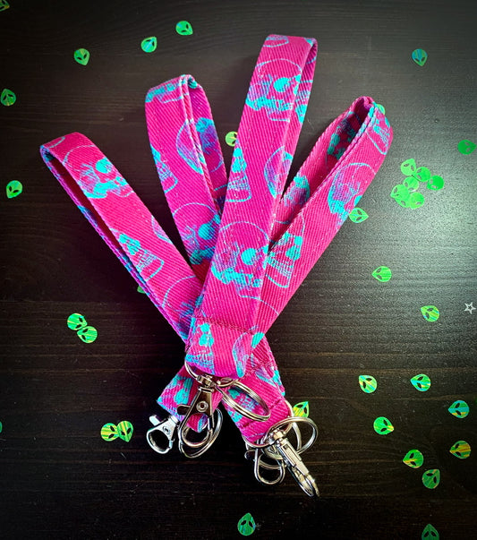 Denim Lanyards | Aqua Skulls on Magenta | Wristlet Keychain | Badge holder