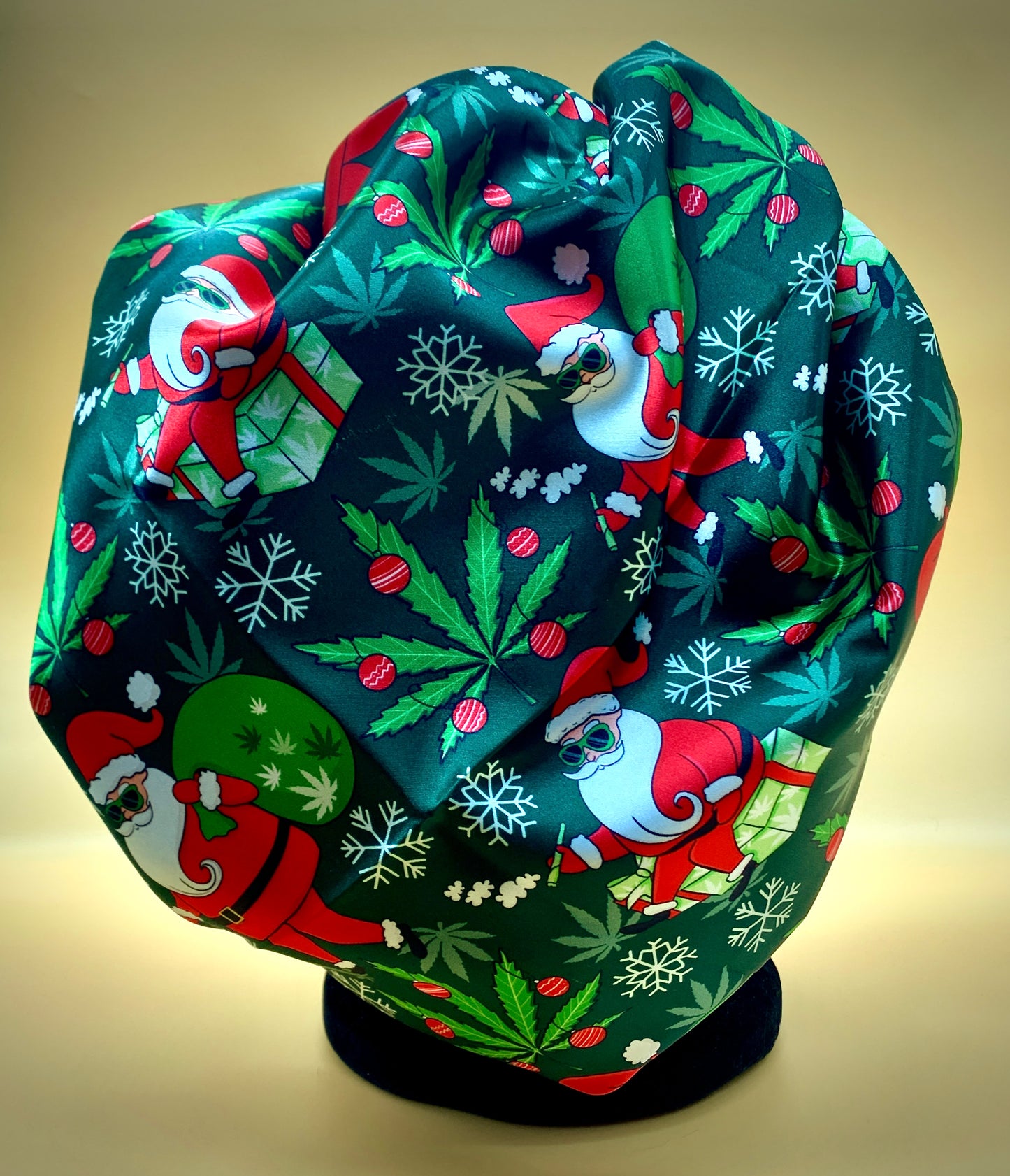 Satin Bonnet | Cannabis Christmas with Green Headband and Green Satin Lining