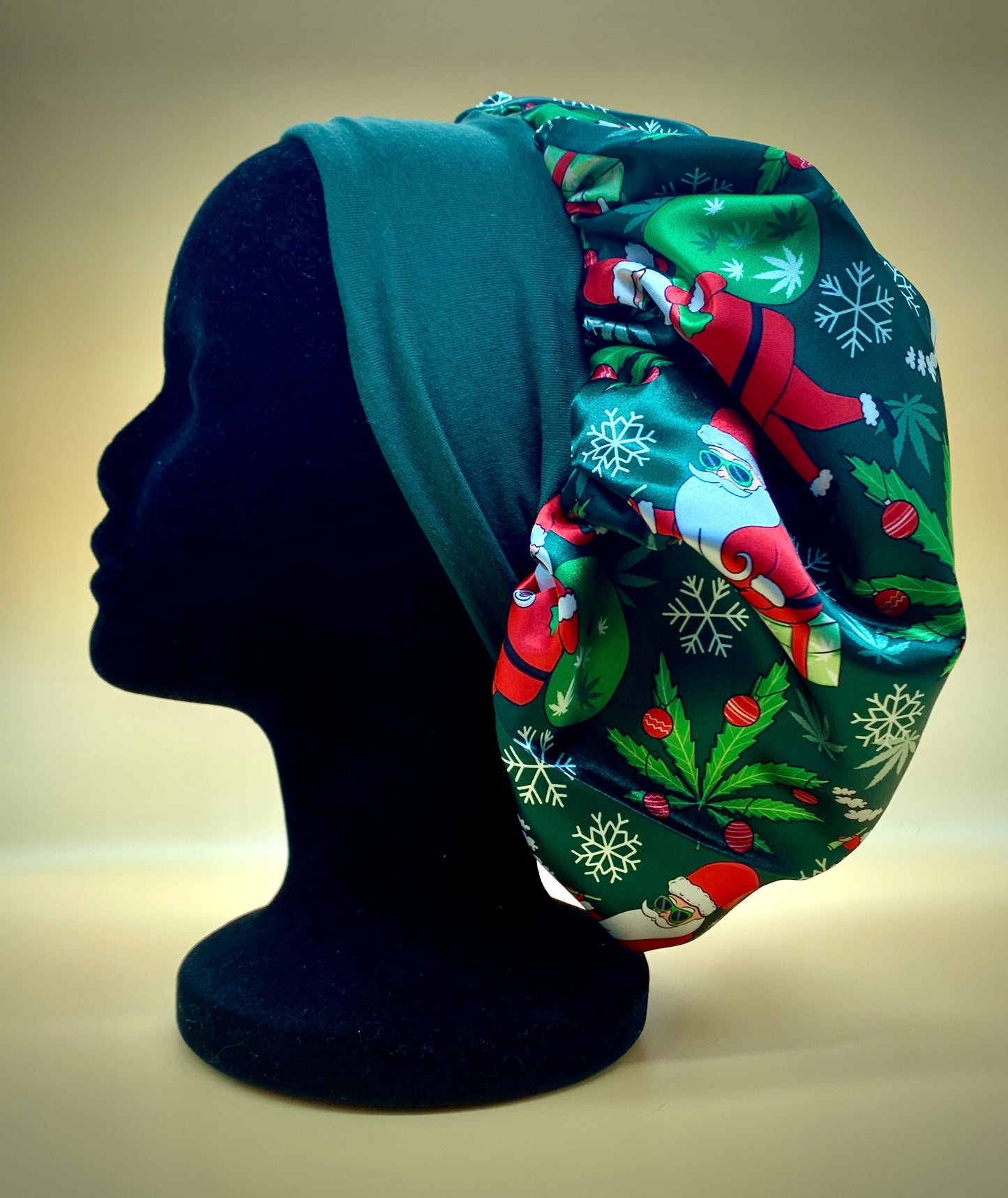 Satin Bonnet | Cannabis Christmas with Green Headband and Green Satin Lining