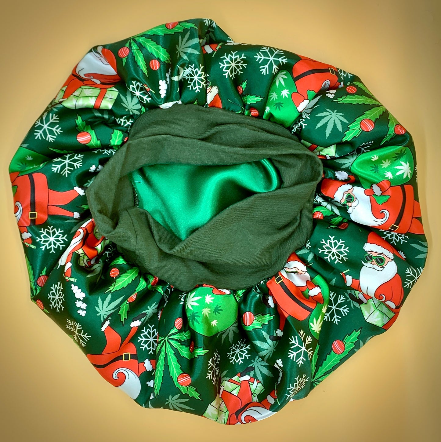 Satin Bonnet | Cannabis Christmas with Green Headband and Green Satin Lining