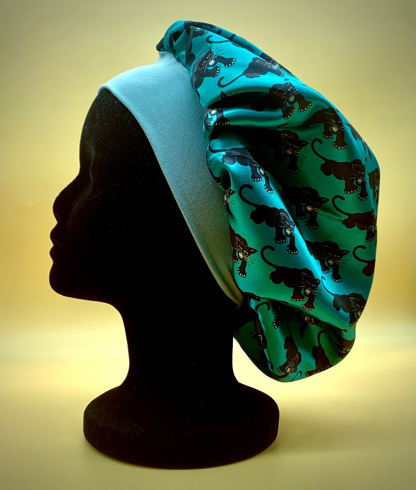 Satin Bonnet | Panthers on Aqua with Green Lining