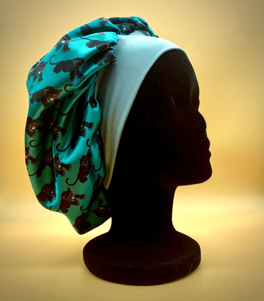 Satin Bonnet | Panthers on Aqua with Green Lining