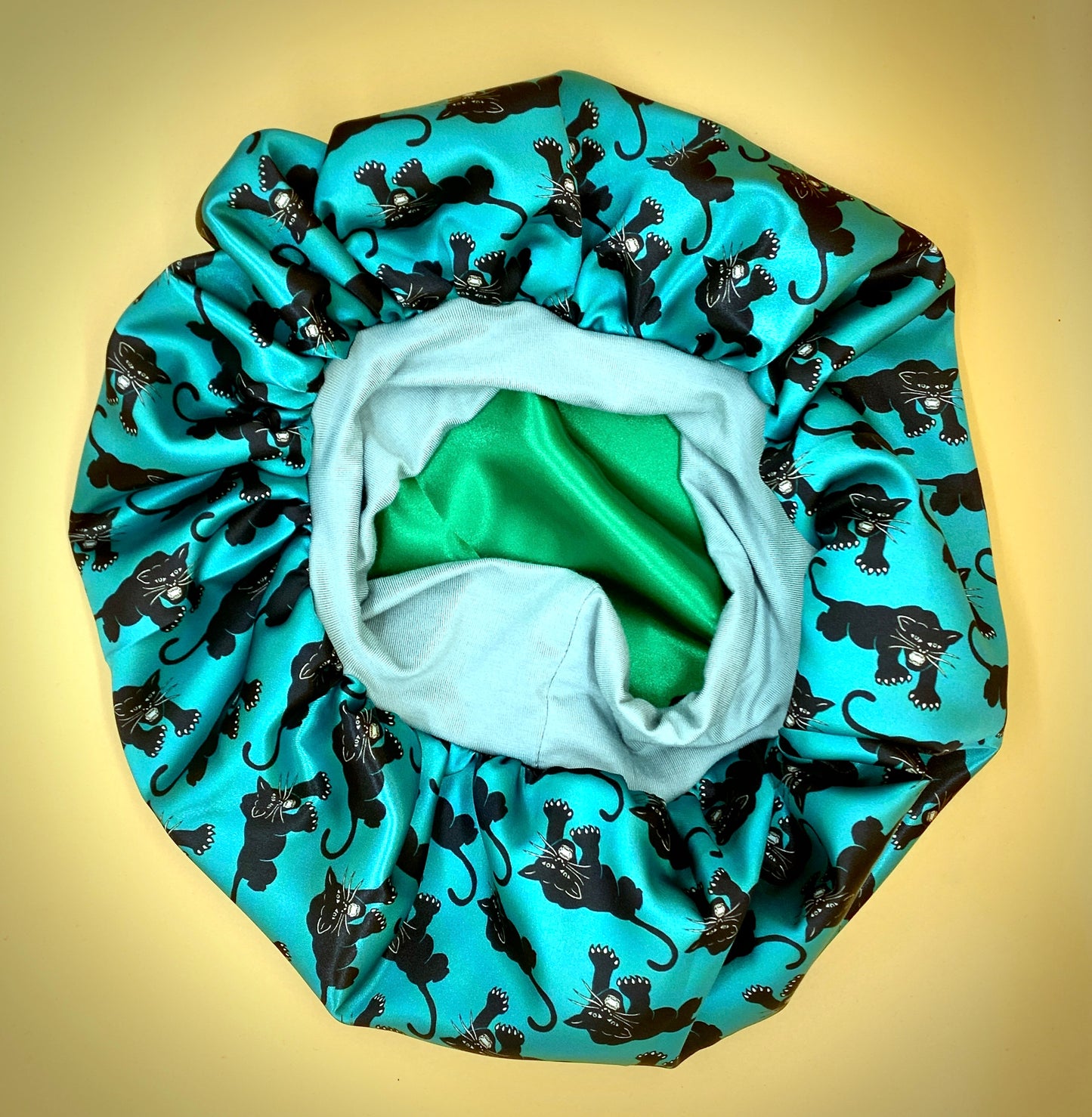 Satin Bonnet | Panthers on Aqua with Green Lining